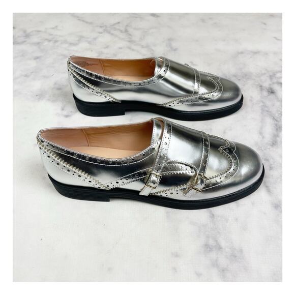 J. Crew Silver Metallic Monk Strap Oxfords Brogue Classic Flats Sz 11 - Picture 3 of 10